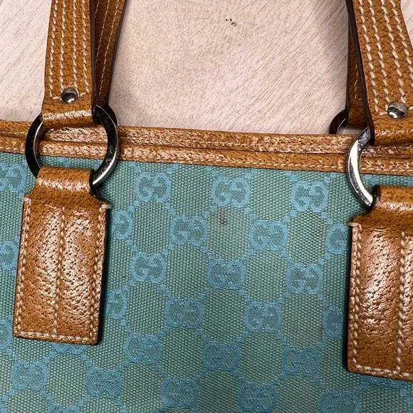 Gucci GG Blue Canvas Tote with Brown Leather Trim with COA - Picture 11 of 15